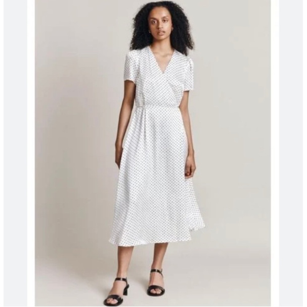 Jenni Kayne Ivory Black DOT Print SILK WRAP Short Sleeve DRESS